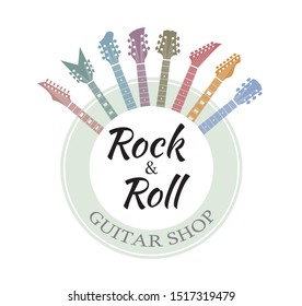 Guitar shop logo. Flat musical instrument, minimal abstract music symbols vector.