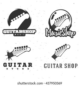 Guitar shop logotypes. Guitar emblems, logos, labels, badges, signs, symbols, insignia, icons, pictograms. Logo for your music shop.