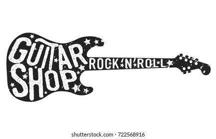 Guitar shop vintage logo. Black guitar and lettering isolated on white background. Guitar icon, poster.