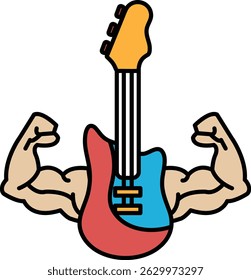 Uma guitarra é mostrada com o bíceps de um homem em cima dela. O violão é vermelho e azul, e o bíceps do homem é grande e musculoso. Conceito de força e potência