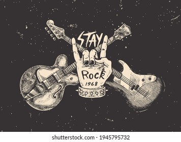 Guitar and Sign of the horns for jazz festival. Hand Drawn grunge sketch with a tattoo or t-shirt or woodcut. Rock and roll concept. Vintage Vector illustration for poster or banner.