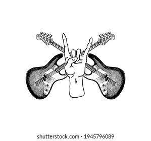 Guitar and Sign of the horns for jazz festival. Hand Drawn grunge sketch with a tattoo or t-shirt or woodcut. Rock and roll concept. Vintage Vector illustration for poster or banner.