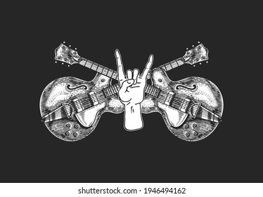 Guitar and Sign of the horns for jazz festival. Hand Drawn grunge sketch with a tattoo or t-shirt or woodcut. Rock concept. Vintage Vector illustration for poster or banner.