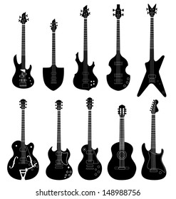 Guitar silhouette collection isolated on white background. Music instruments icon vector set. 