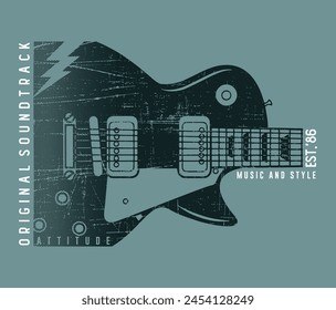 Ilustración de silueta de guitarra con textura y texto. Arte para decoración, estampado en camisetas, etc.