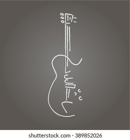 Guitar silhouette isolated on grey background. Abstract vector logo of electric guitar. Melody icon. Stylized rock-n-roll musical instrument.