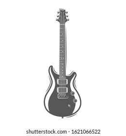 Guitar silhouette isolated on a white background. Design element for music logos, labels, emblems. Vector illustration