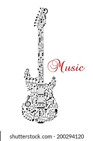 Guitar silhouette with musical notes and word - Music - for any art logo design. Isolated on white background