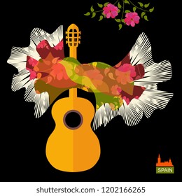 
Guitar silhouette and Spanish shawl in the form of flying bird as flamenco symbols isolated on black background in vector.