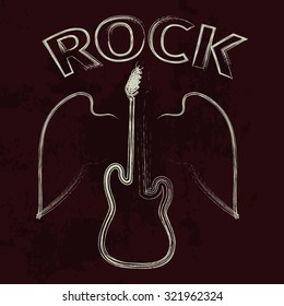 Guitar silhouette with wings on a dark background, vector illustration