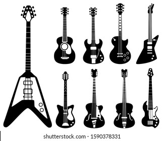 Guitar silhouettes. Musical instruments black symbols acoustic and rock guitars vector set