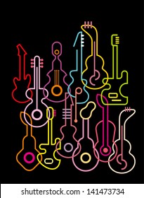 Guitar silhouettes on black background. Vector illustration.