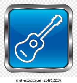 Guitar simple icon. Flat design. Metal, blue square button. Transparent grid.ai