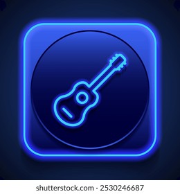 Guitar simple icon. Flat design. Blue neon style on button. With shadow.ai