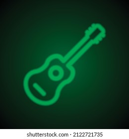 Guitar simple icon. Flat desing. Green neon on black background with green light.ai
