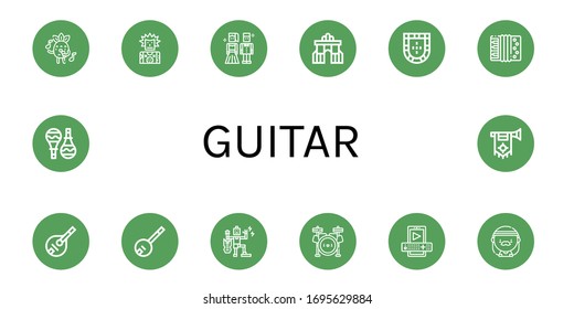 guitar simple icons set. Contains such icons as Singing, Punk, Prom night, Rua augusta, Portugal, Accordion, Mandolin, Banjo, Music, Drum set, can be used for web, mobile and logo