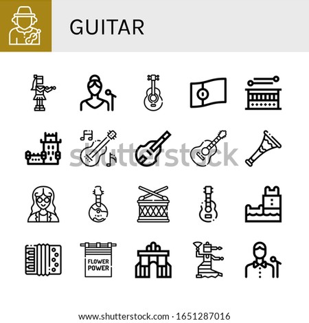 guitar simple icons set. Contains such icons as Musician, Hula, Singer, Acoustic guitar, Portugal, Drum, Belem tower, Guitar, Double bass, can be used for web, mobile and logo
