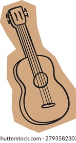 Guitar sketch with bold lines on kraft paper cutout, rough edge sticker style. Symbol of music, campfire song, creativity, and travel vibe. Cartoon vector illustration.