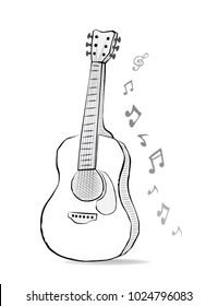 Guitar sketch drawing with music notes. Instrument and melody in doodle style. Acoustic folk song design for concert.