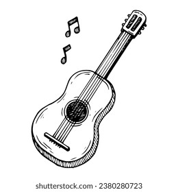 Esbozo de guitarra. Instrumento musical. Ilustración dibujada a mano.