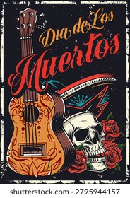 A guitar and a skull surrounded by roses. The decorations highlight the theme of Dia de Los Muertos a traditional holiday. The colors and symbols reflect cultural practices.