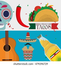 Guitar skull tequila hat mustache taco and pepper. Mexico landmark and mexican culture theme. Colorful design. Vector illustration