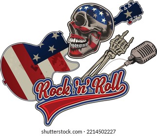 Guitar and Skull. USA flag guitar