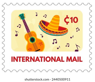 Guitar and sombrero, Mexican music theme, vector stamp illustration.