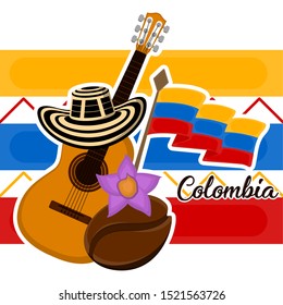 Guitar with a sombrero vueltiao, flag and coffee bean. Representative image of colombia - Vector