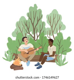 Guitar songs. Outdoor fun. Camping trip. Guys sing songs by a burning fire. Friends travel, camping, trees and guitar in the camp. Vector illustration