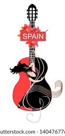 Guitar soul. Beautiful spanish girl dancing flamenco on treble clef against huge red-bleck acoustic guitar. Banner, poster, invitation card.