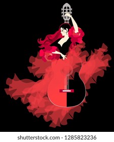 Guitar soul. Girl - flamenco dancer in shape of musical instrument. Beautiful logotype.