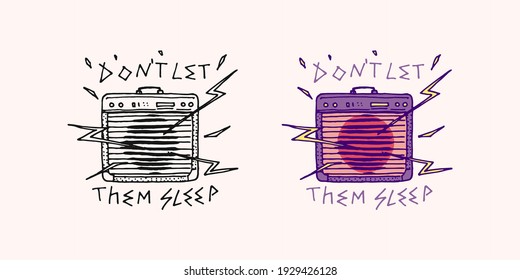Guitar sound amplifier with lightning badge. Rock and Roll music logo. Heavy metal template for design t-shirt, night party and festival. Hand drawn Engraved vintage sketch.