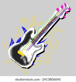 Guitarra, sonido, bajo collage grunge pop art rock. Una imagen en blanco y negro con inserciones de color. La herramienta es como un recorte de una revista. Un doodle brillante sobre un dibujo punteado en blanco y negro