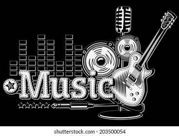Guitar and speakers black and white musical design