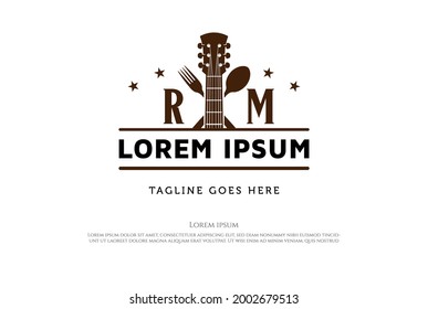 Guitar with Spoon Fork for Bar, Cafe, Restaurant Live Music Logo Design Vector