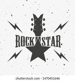 Guitar star and text with lightnings. Black and white illustration on the theme of rock music