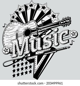 Guitar and stars monochrome musical emblem