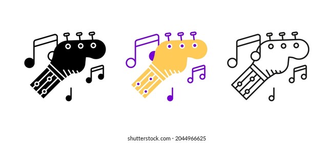 Guitar and guitar stem-strings and musical notes icon set. Entertainment and music icon. Art vector illustration set. Editable row set. Silhouette, colored, linear icon set.