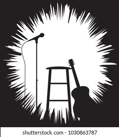A Guitar, Stool and Microphone silhouette with a grunge border