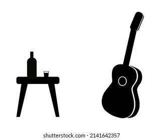 Guitar, stool, whiskey and a serving glass