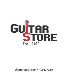 Guitar store, music shop vector template logo, emblem, sign. Nonstandard illustration of guitar shaped with letters
