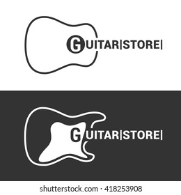 Guitar store or music shop vector logo, emblem, sign. Illustration of acoustic and electro guitar silhouettes