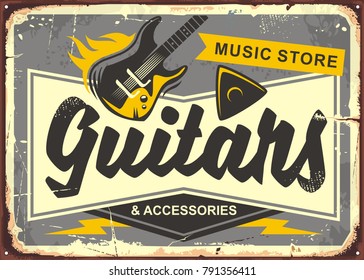 Guitar store retro advertisement sign board with electric guitar, guitar pick and creative typo. Vintage music illustration. Vector image.