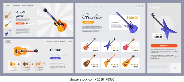 Guitar store, web page vector illustration. Modern application with music instrument, landing banner collection. Home website interface with classical acoustic, electric guitar technology.