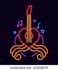 Guitar string musical instrument, isolated neon shining logo for bar or cafe. Night club or festival, compositions and tunes, star decor. Label or sticker, logotype or sign. Vector in flat style