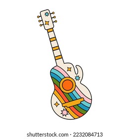 Guitar in the style of the 60-70s with a painted rainbow and stars. Hippie. Musical instrument. Vector stock illustration. Isolated
