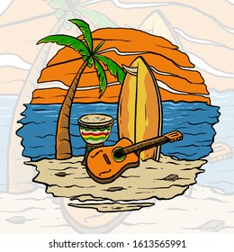 guitar and surfing board in the sun set of beach vector illustration