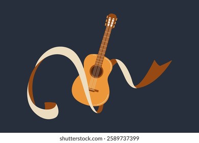 Guitar surrounded by flowing ribbons in a minimalist art design