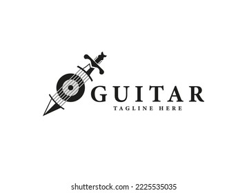 Logo de la espada de la guitarra. Guitarra de formas geométricas Combina con Icono de espadas aislado en fondo blanco. Usable para los logotipos de música, negocios y promoción de marca. Elemento de plantilla de diseño de logotipo de vectores planos